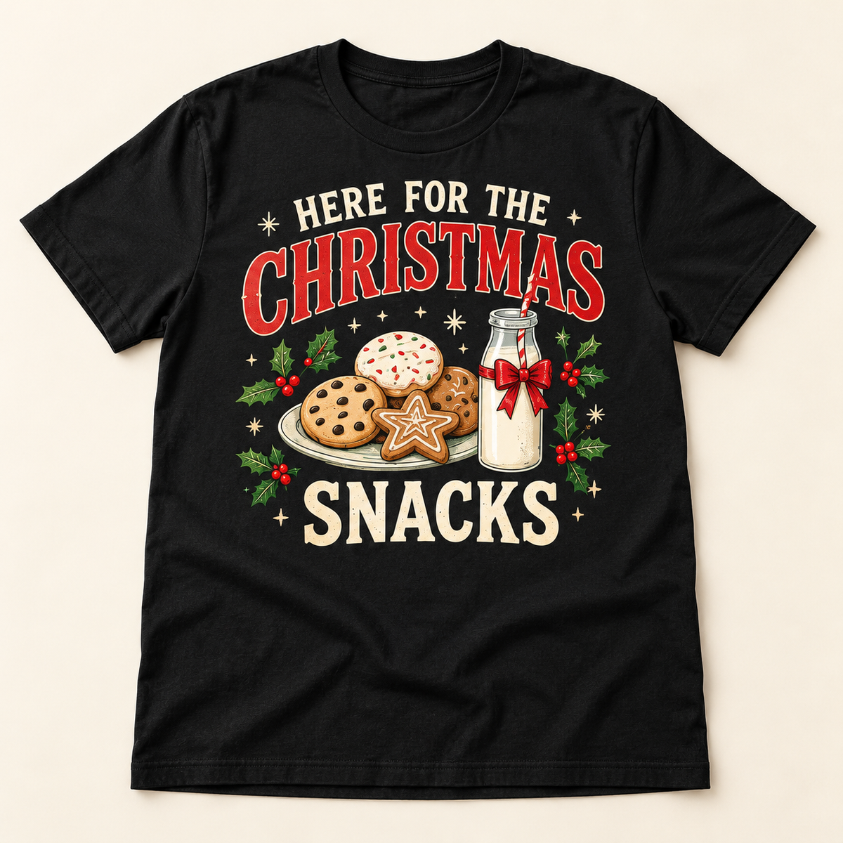 Here for the Christmas Snacks – Black full tee mockup