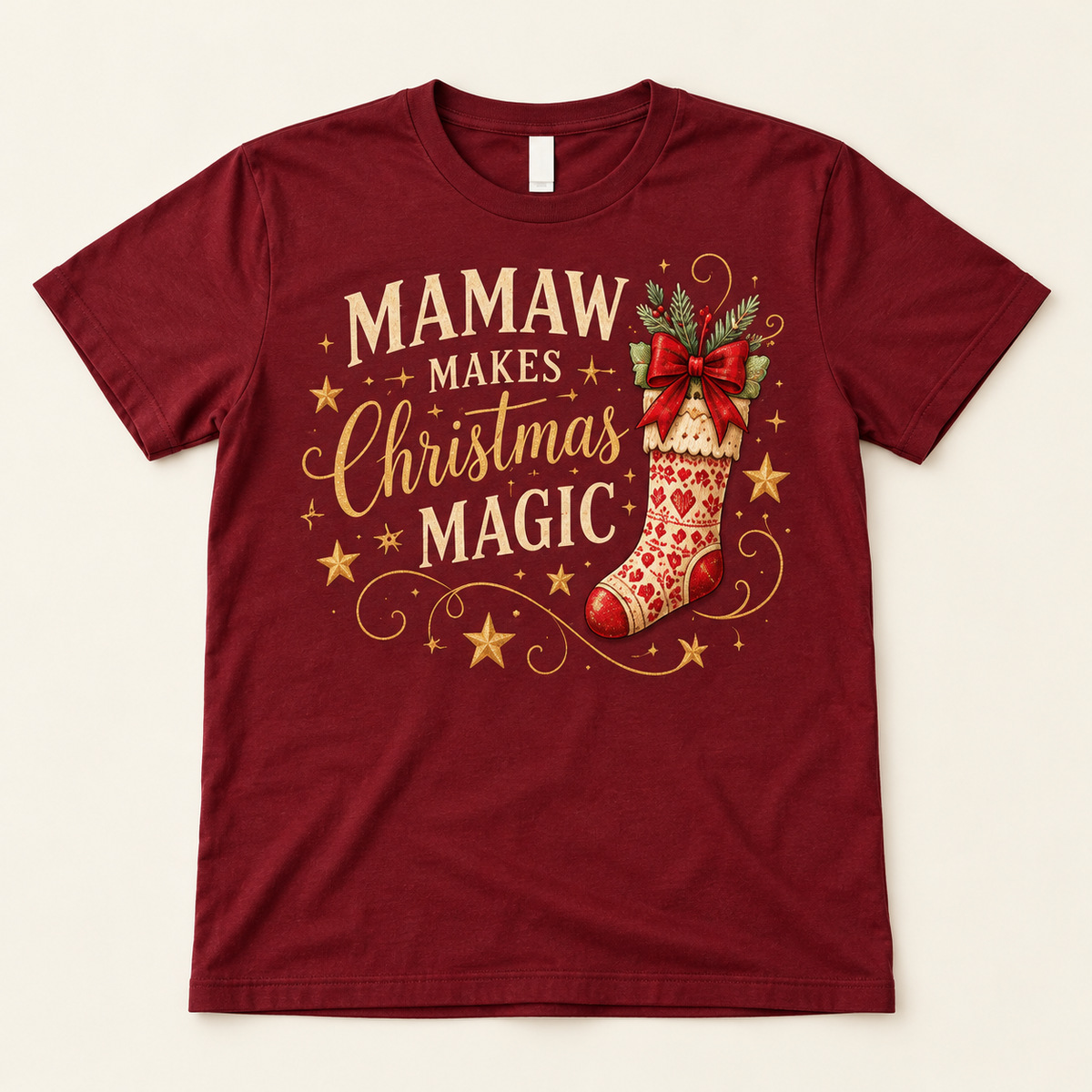 Mamaw Makes Christmas Magic – Maroon full tee mockup