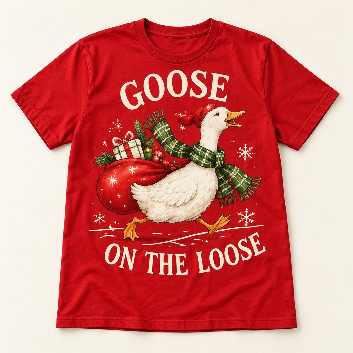Goose on the Loose – Red full tee mockup