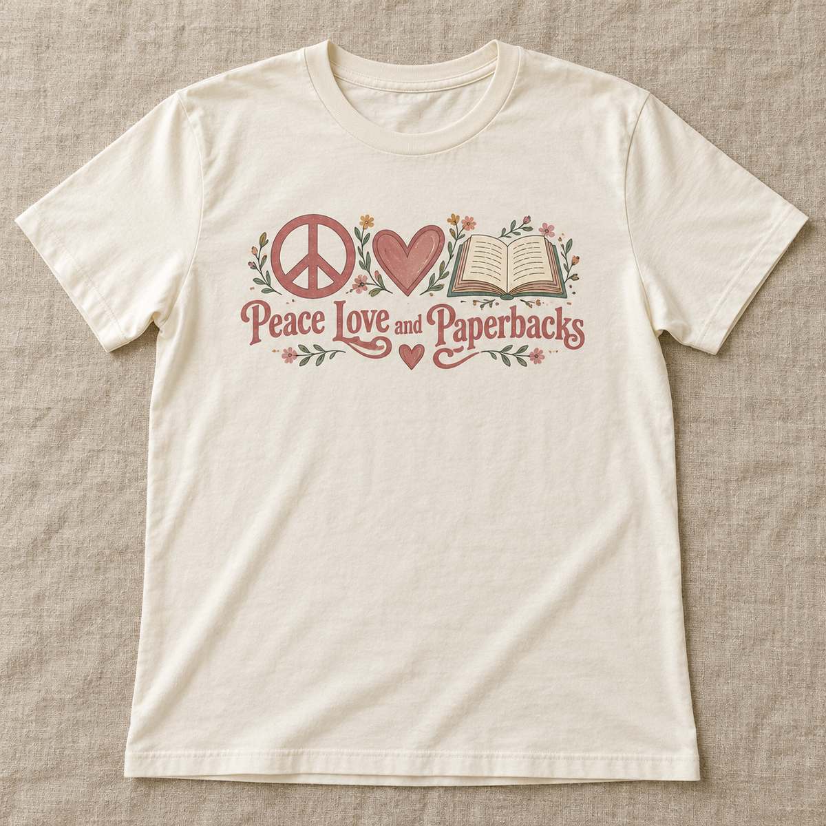 Peace Love and Paperbacks tee shown in Natural