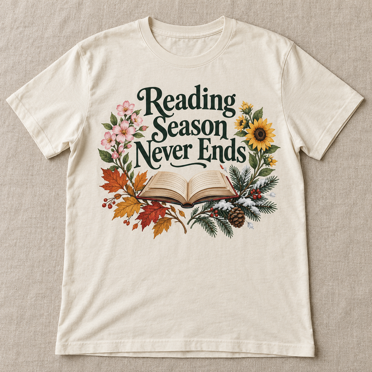 Reading Season Never Ends tee shown in Natural