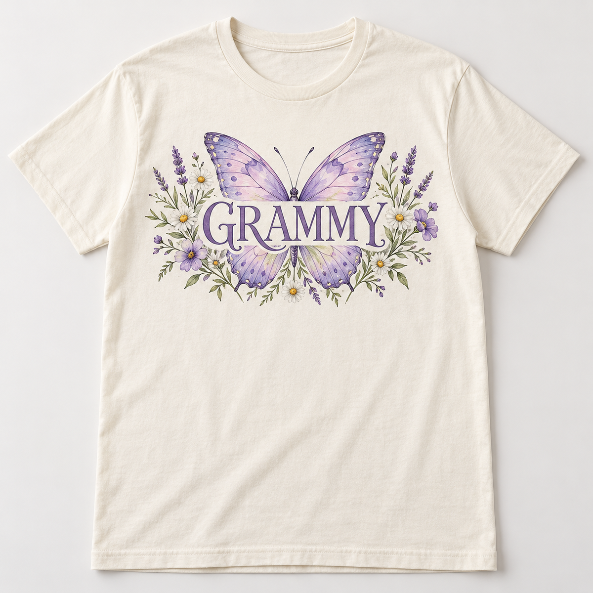 Grammy Butterfly Meadow tee mockup in Ivory