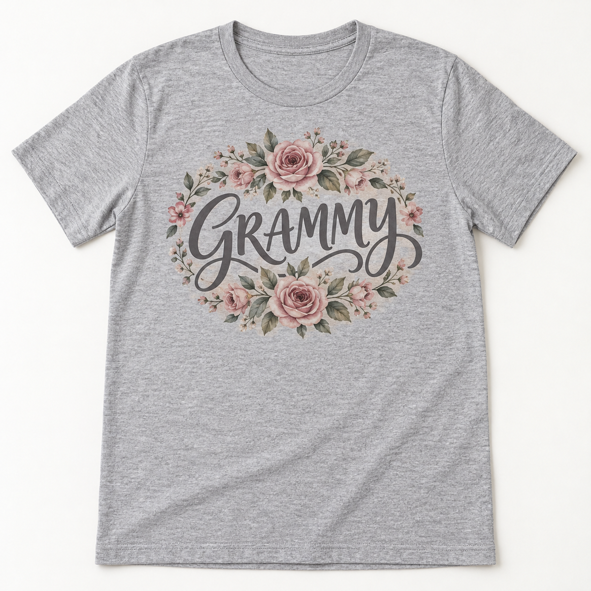 Grammy Floral Monogram tee mockup in Heather Gray