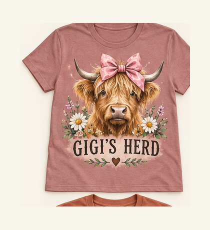 Gigi's Herd Highland cow tee mockup