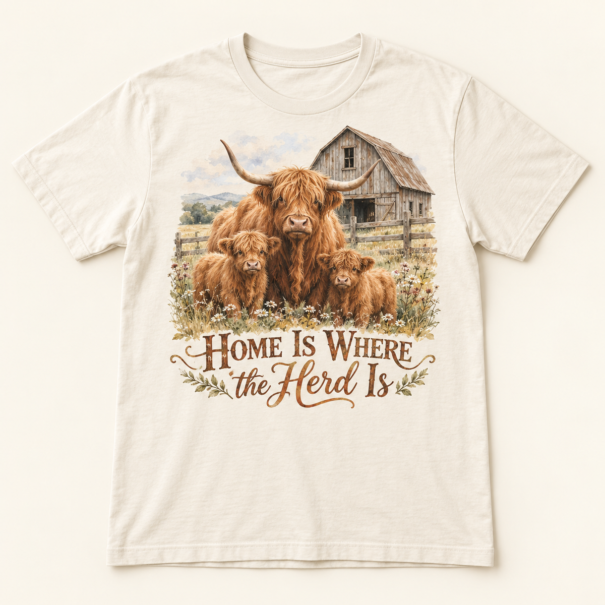 Home Is Where the Herd Is Highland cow tee mockup