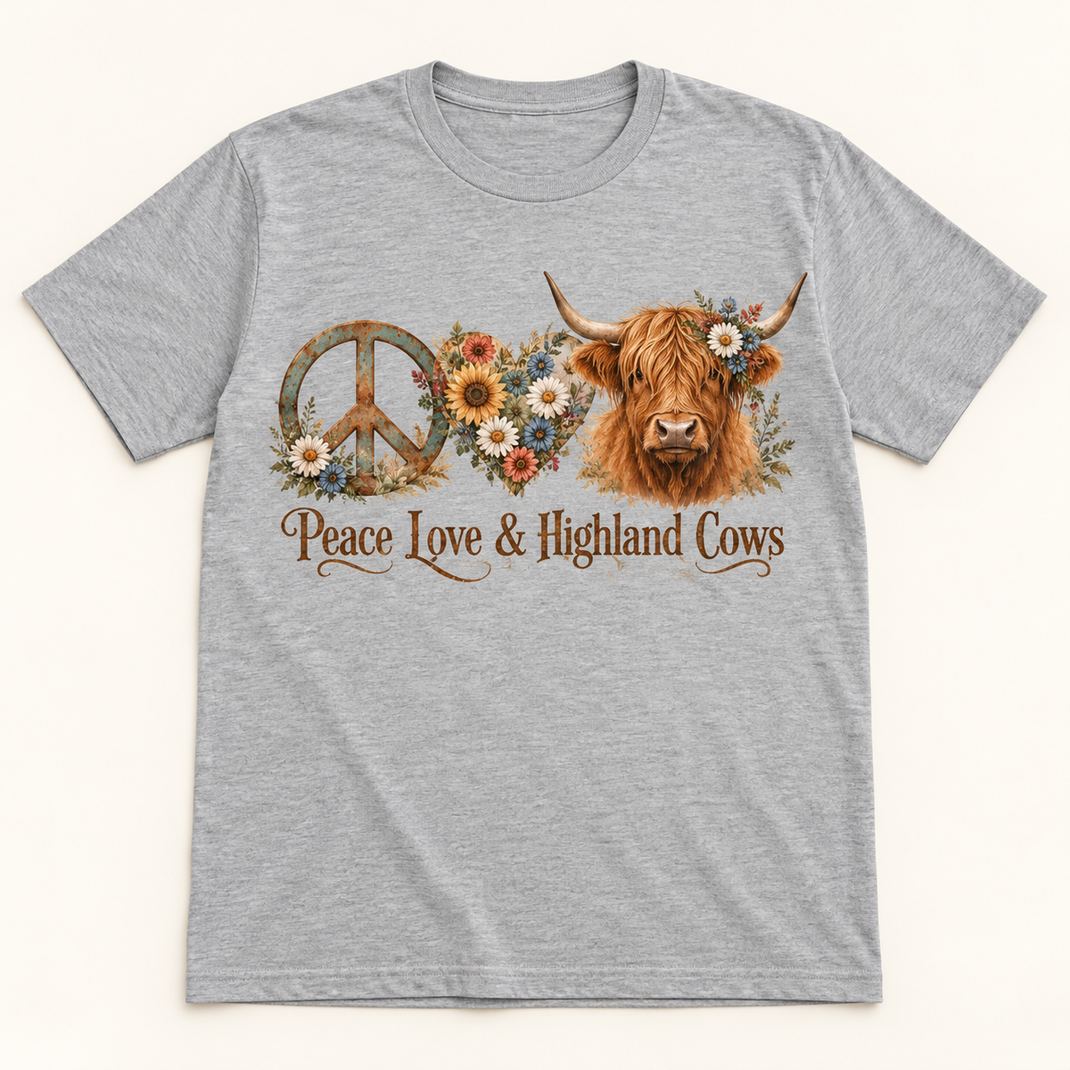 Peace Love & Highland Cows Highland cow tee mockup