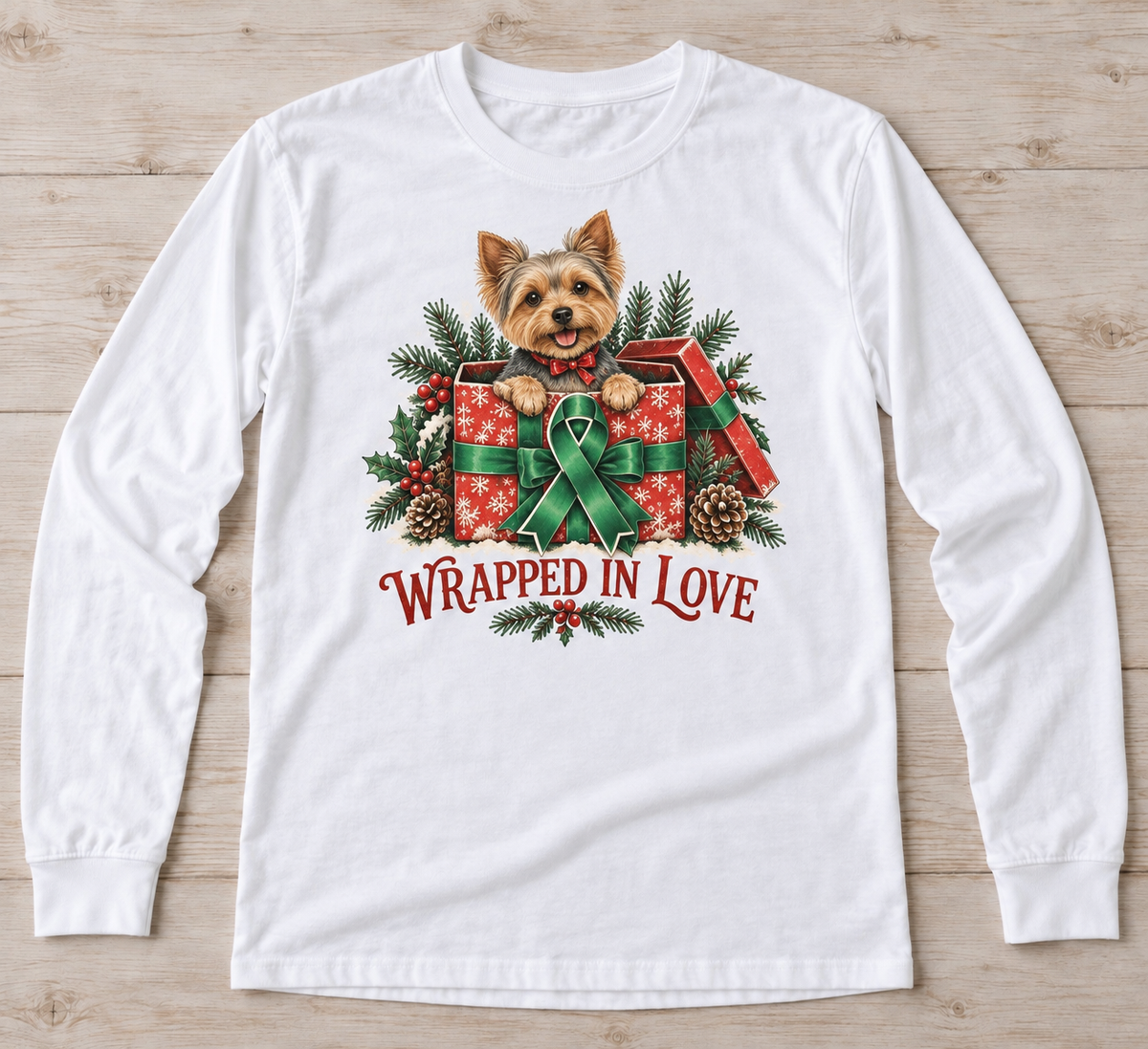 Wrapped in Love — Yorkie green ribbon kidney awareness long sleeve tee