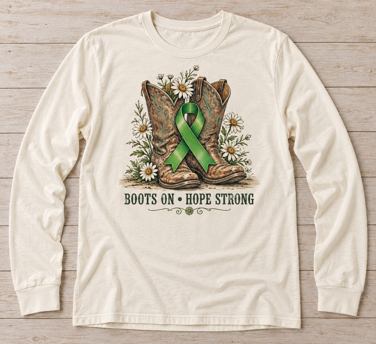 Boots On — Hope Strong green ribbon kidney awareness long sleeve tee