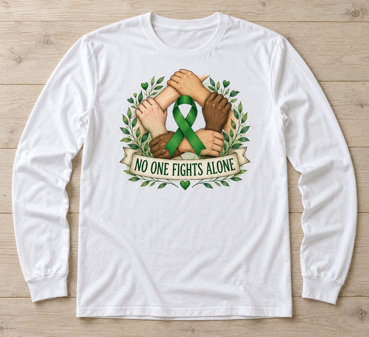 No One Fights Alone green ribbon kidney awareness long sleeve tee