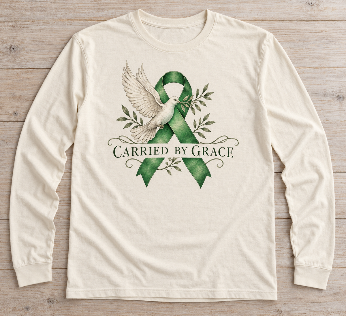Carried by Grace green ribbon kidney awareness long sleeve tee