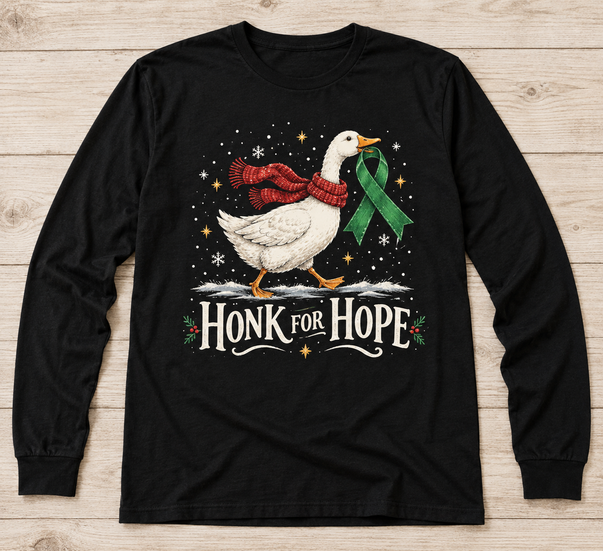 Honk for Hope — Christmas Goose green ribbon kidney awareness long sleeve tee