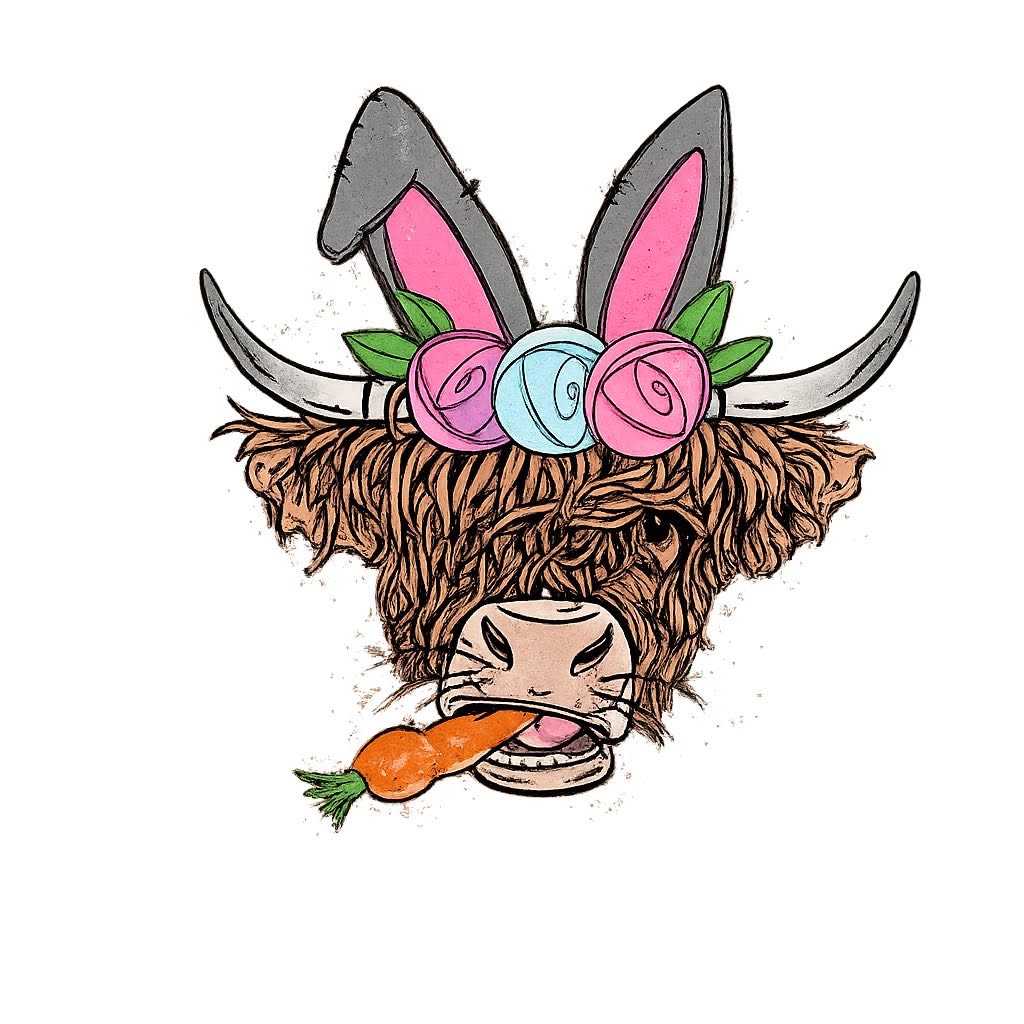 Highland Cow — Easter Bunny Ears & Carrot