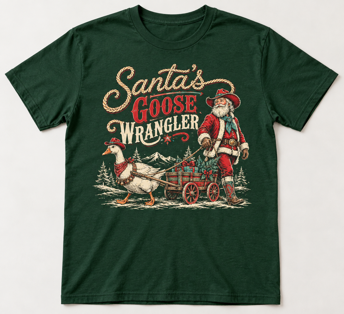 Santa's Goose Wrangler Western Christmas tee mockup