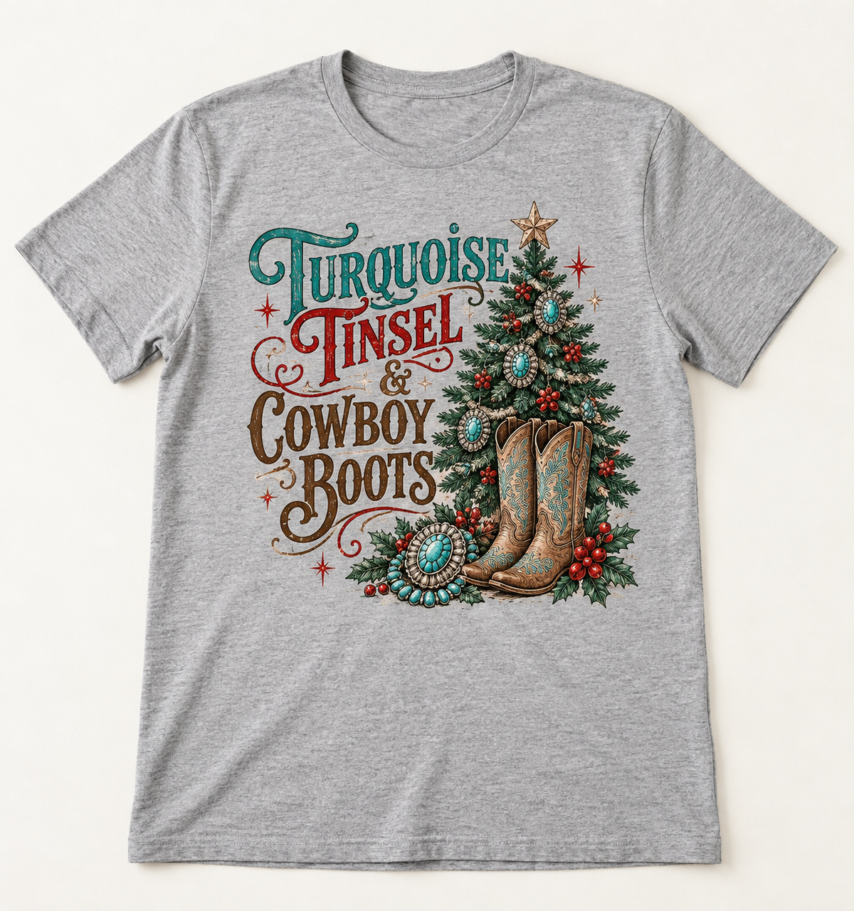 Turquoise Tinsel & Cowboy Boots Western Christmas tee mockup