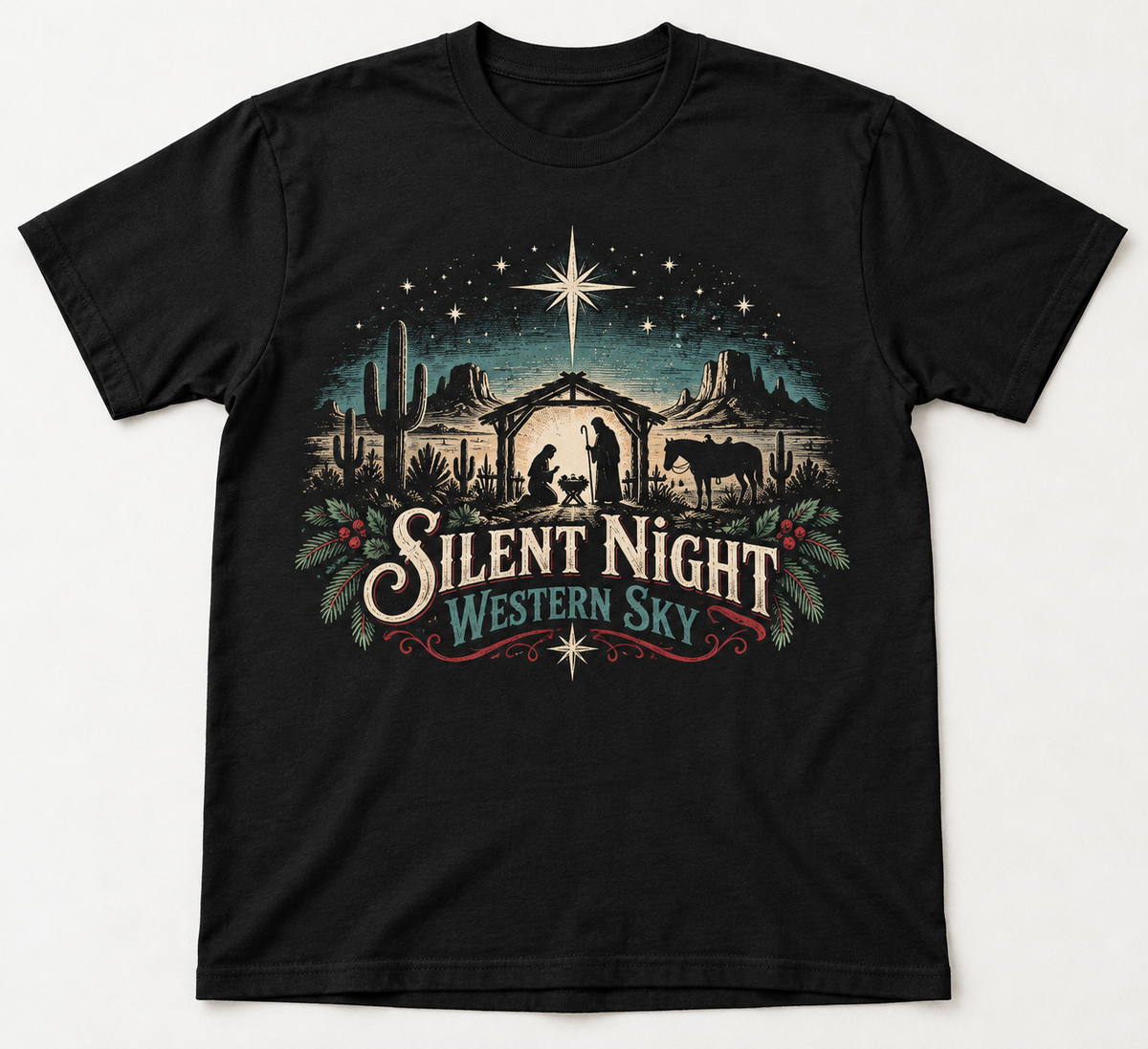Silent Night Western Sky Western Christmas tee mockup