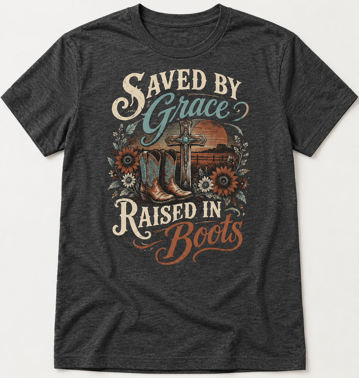 Saved by Grace Raised in Boots western tee mockup