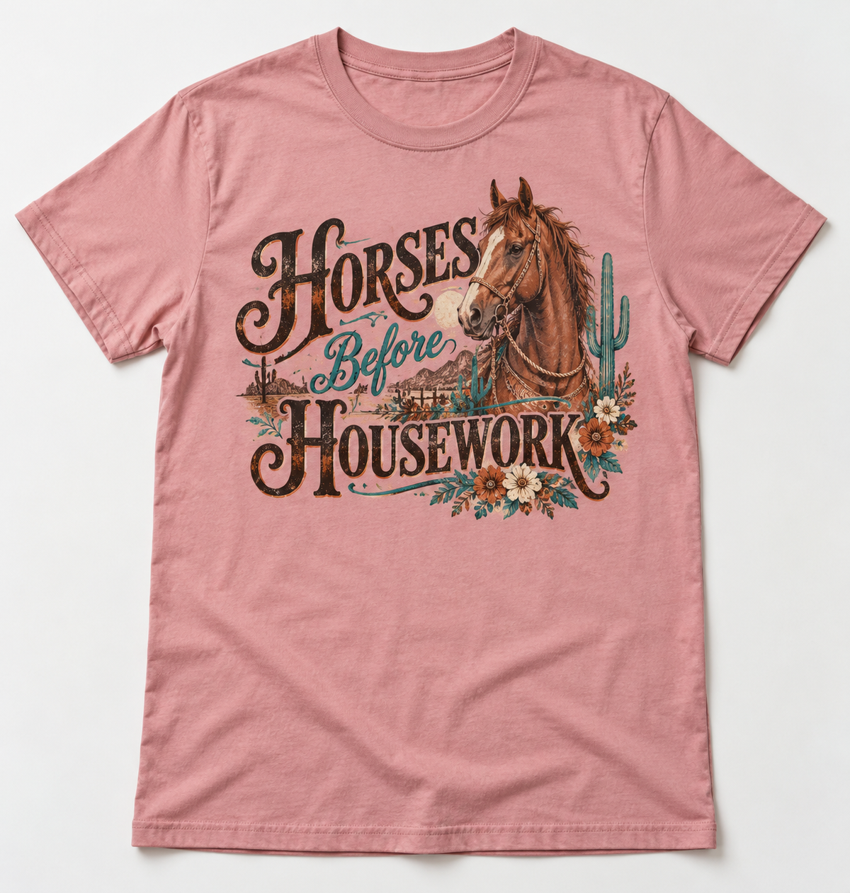 Horses Before Housework western tee mockup