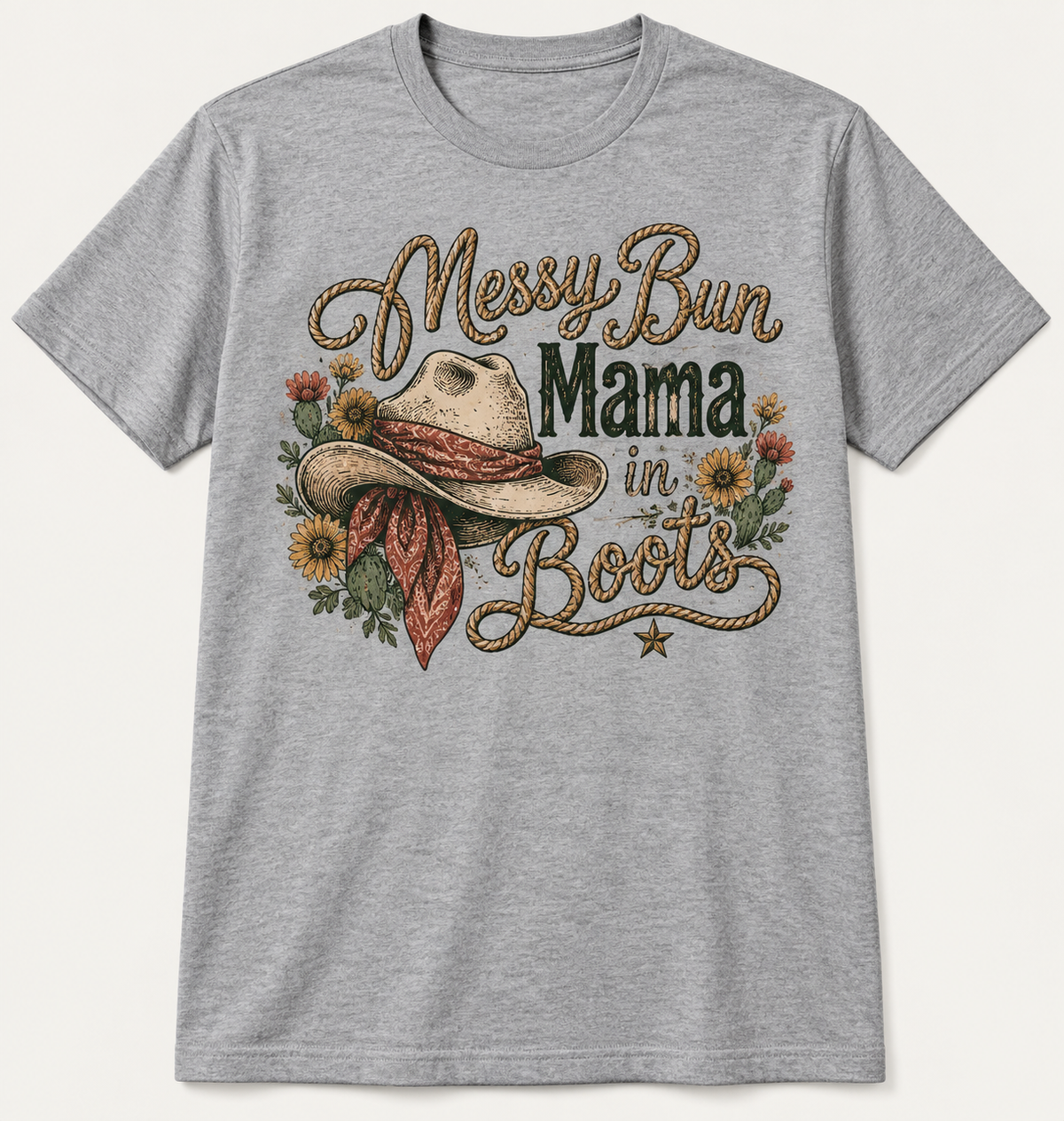 Messy Bun Mama in Boots tee mockup