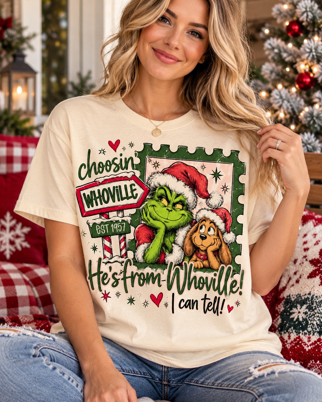 Cream tee with He’s from Whoville! I Can Tell! front print on model