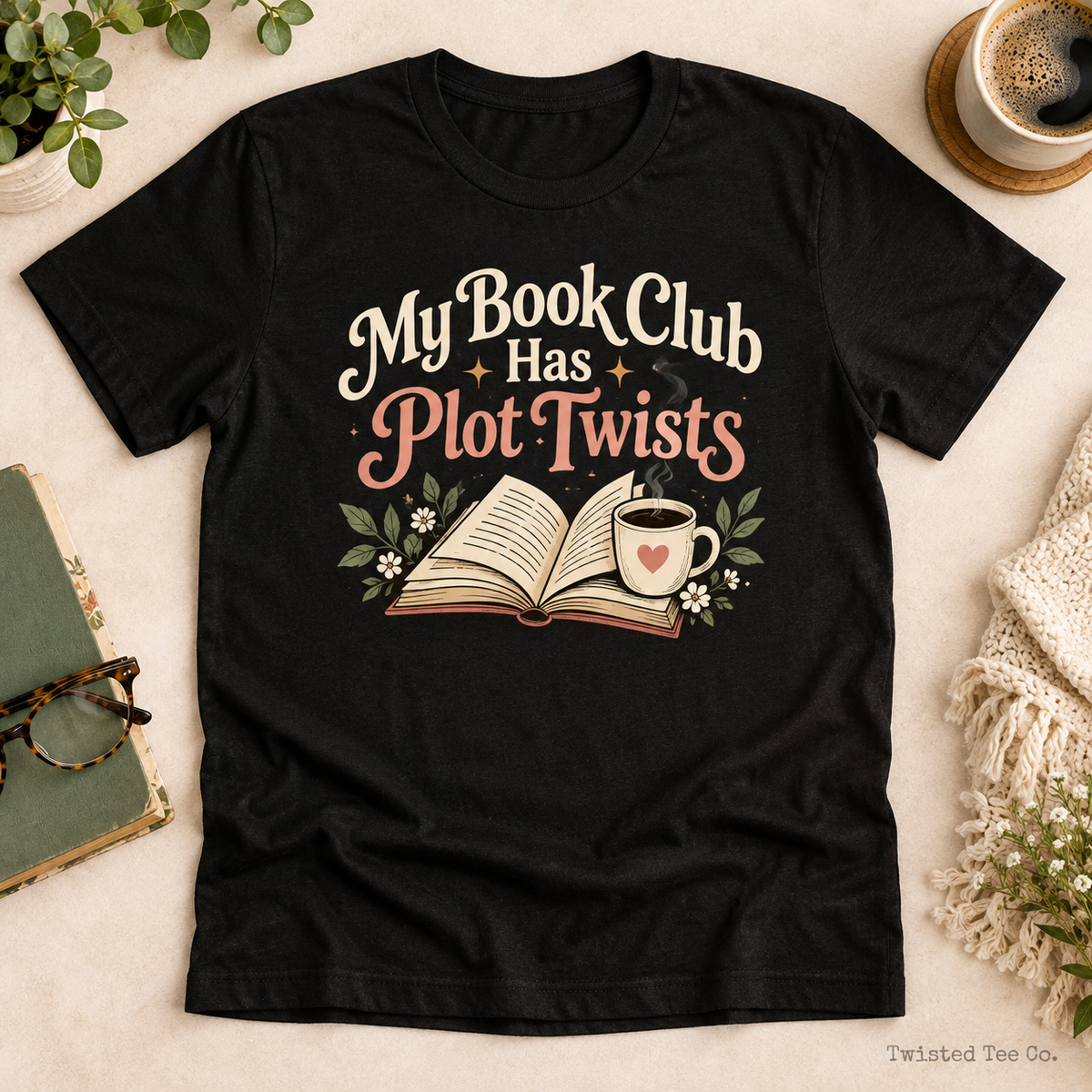 My Book Club Has Plot Twists tee mockup