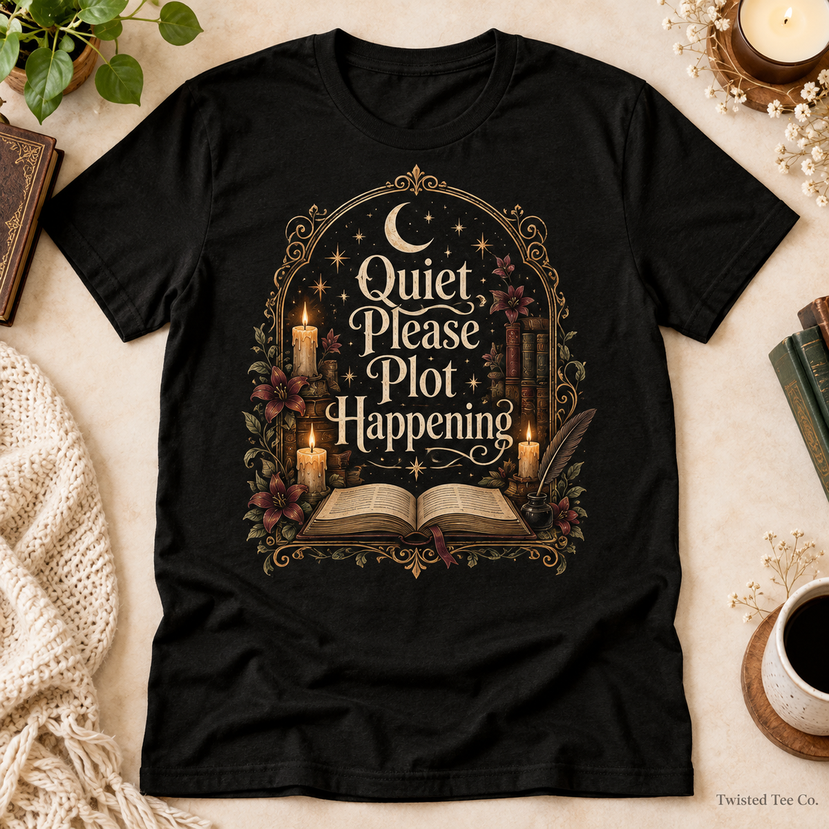 Quiet Please Plot Happening tee mockup