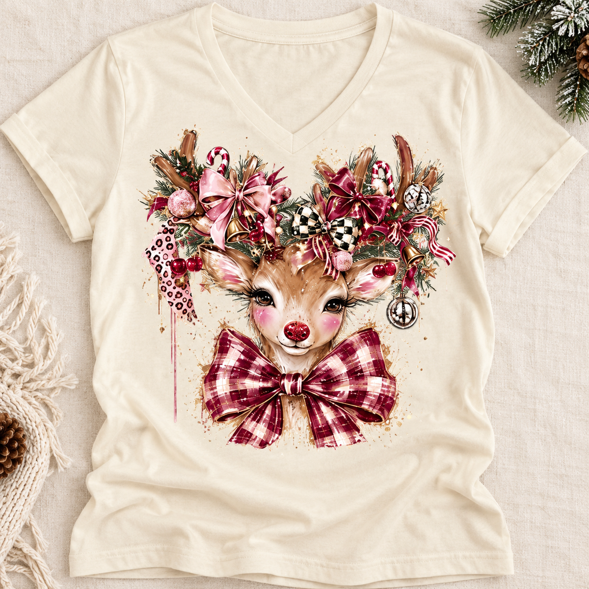 Floral Reindeer with Pink Bow