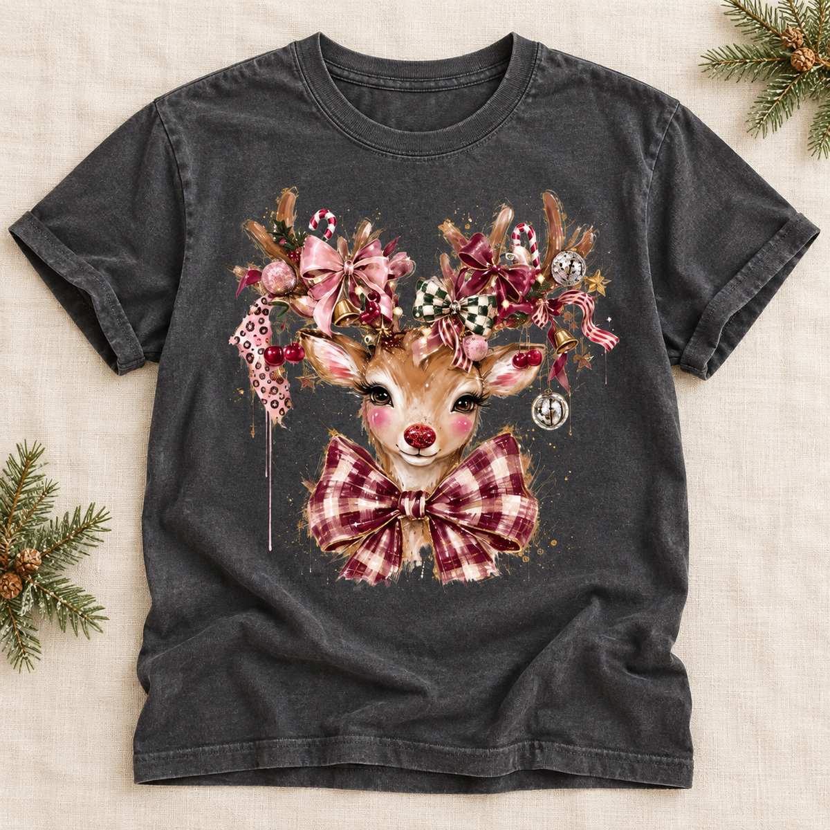 Floral Reindeer with Pink Bow