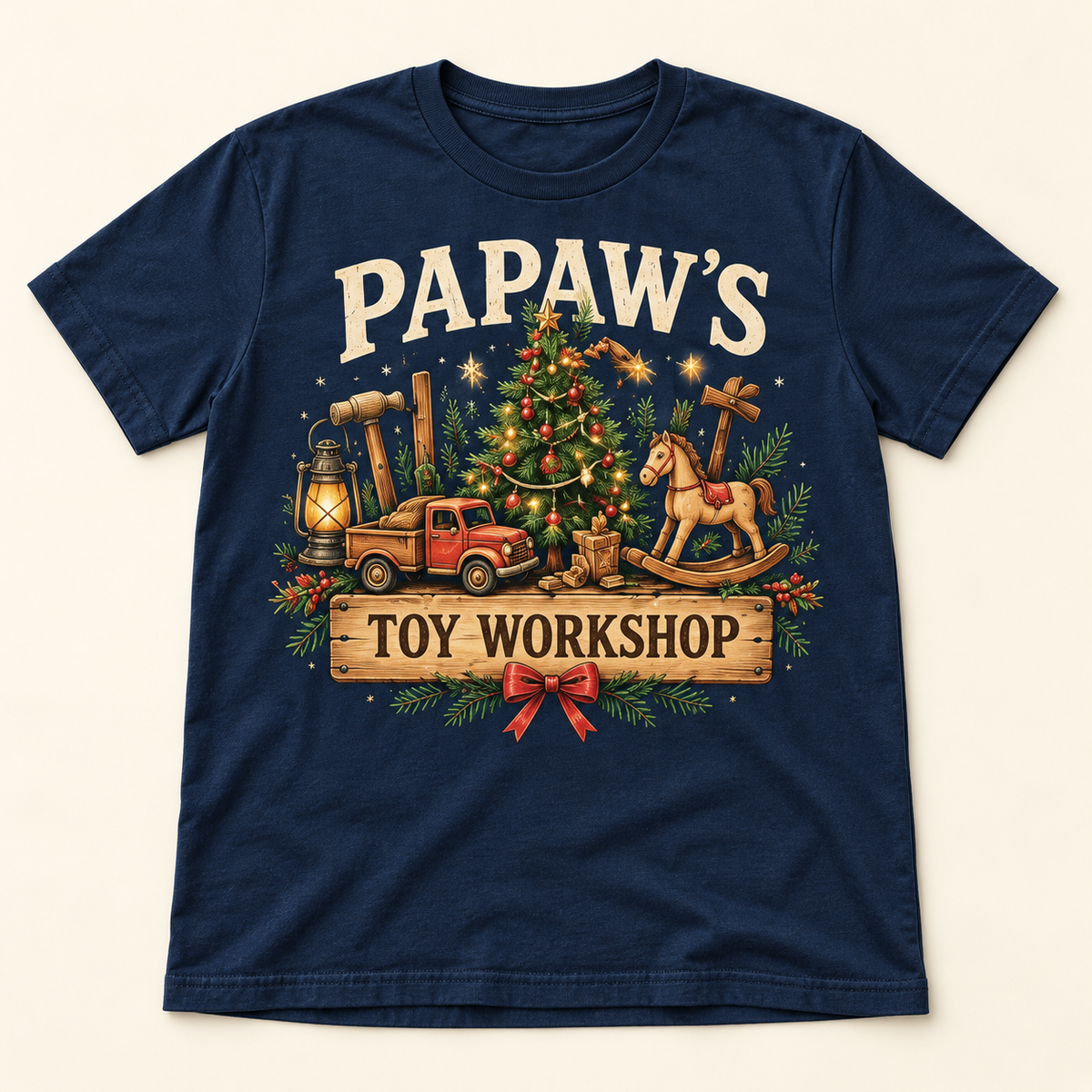 Papaw’s Toy Workshop – Navy full tee mockup