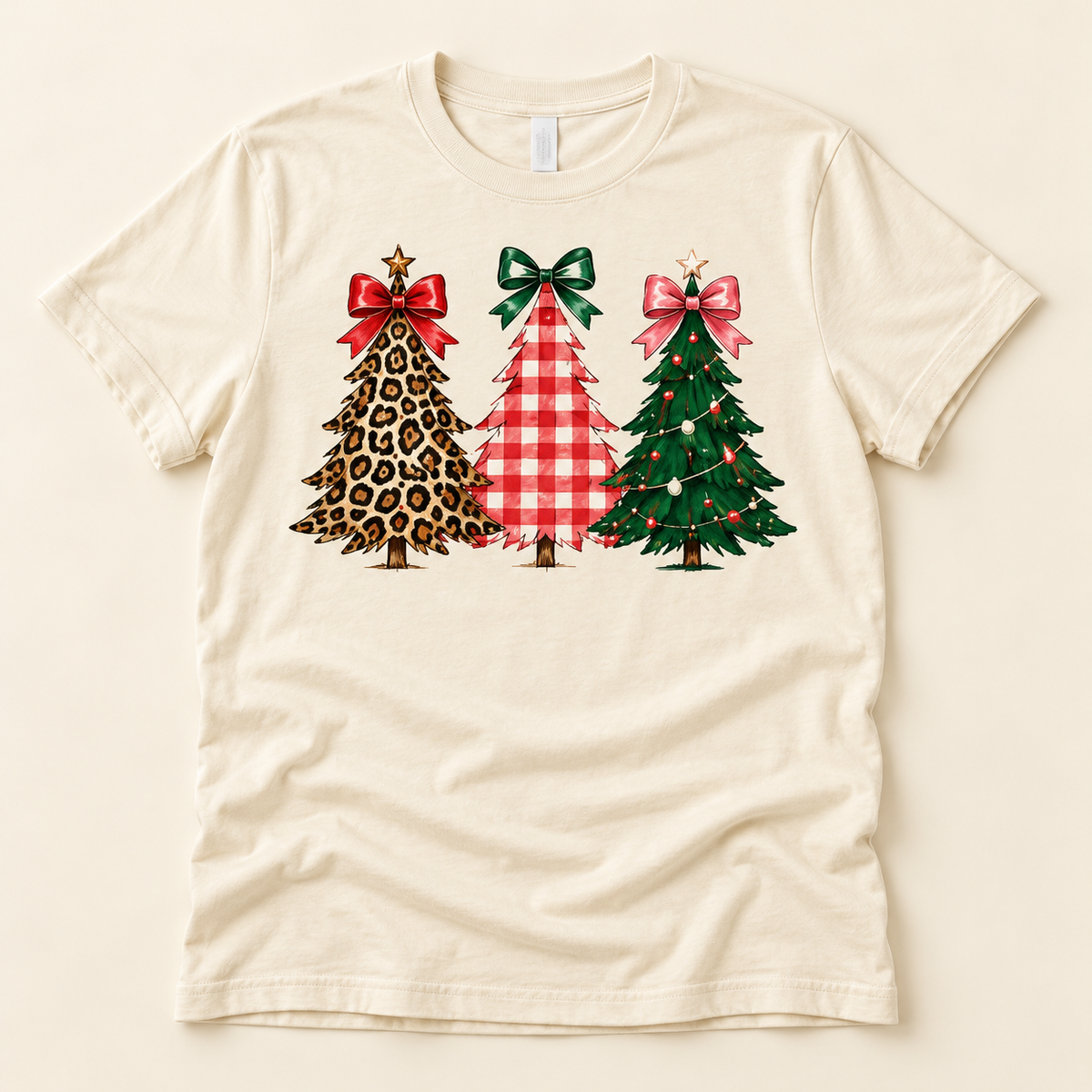 Leopard Gingham Christmas Tree Trio – Ivory full tee mockup