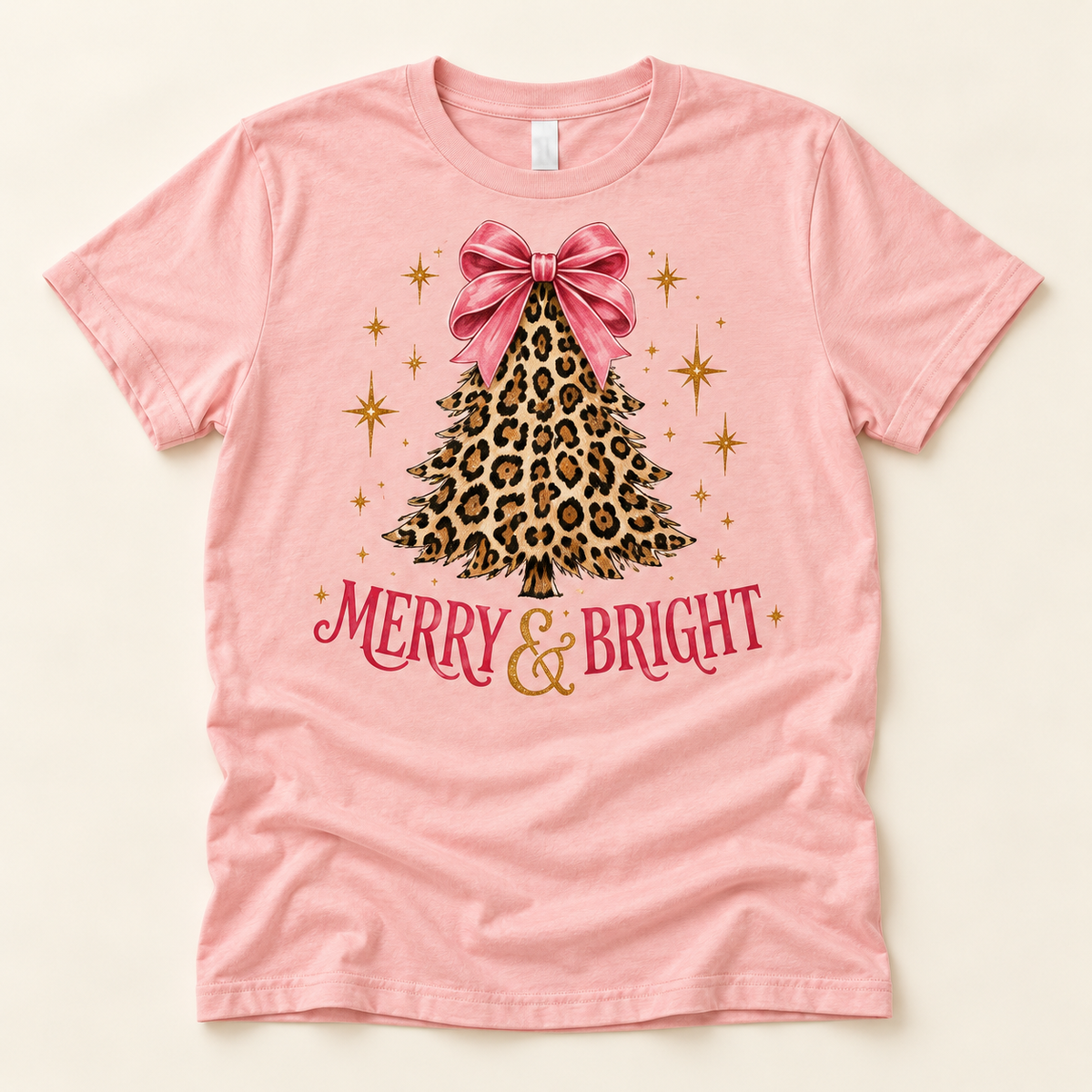 Merry & Bright – Pink full tee mockup