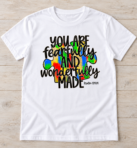 Fearfully and Wonderfully Made Autism Tee on White