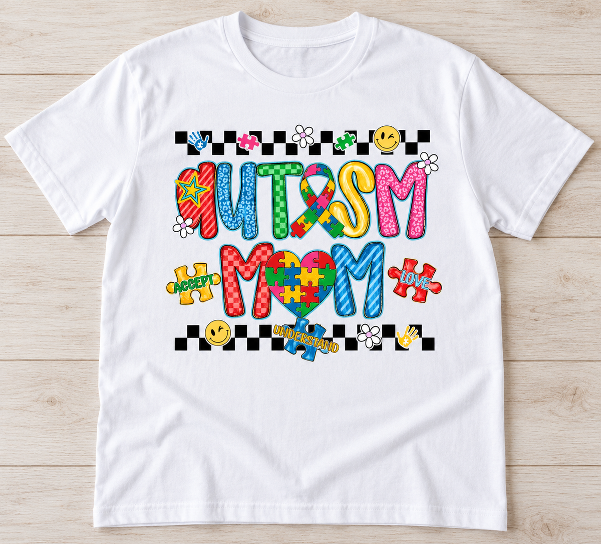 Autism Mom Checkerboard Tee on White