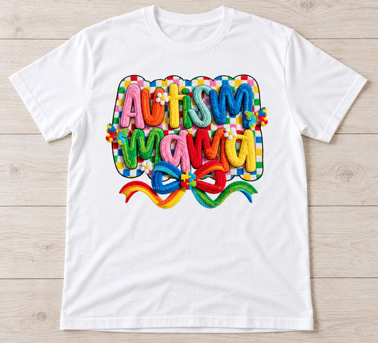 Autism Mama Colorful Yarn Print Tee on White