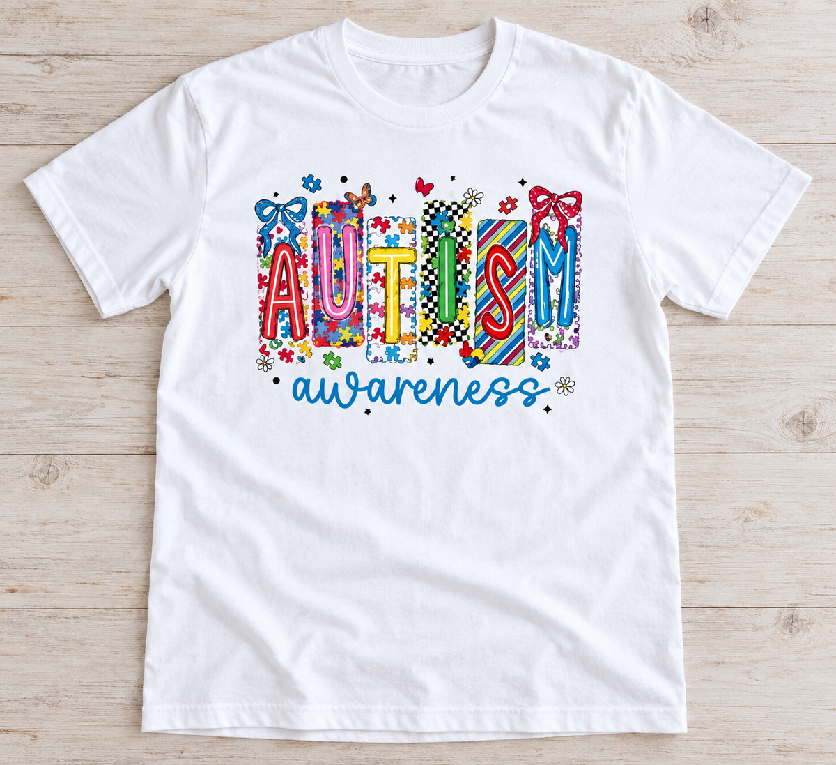 Autism Awareness Patterned Bows Tee on White