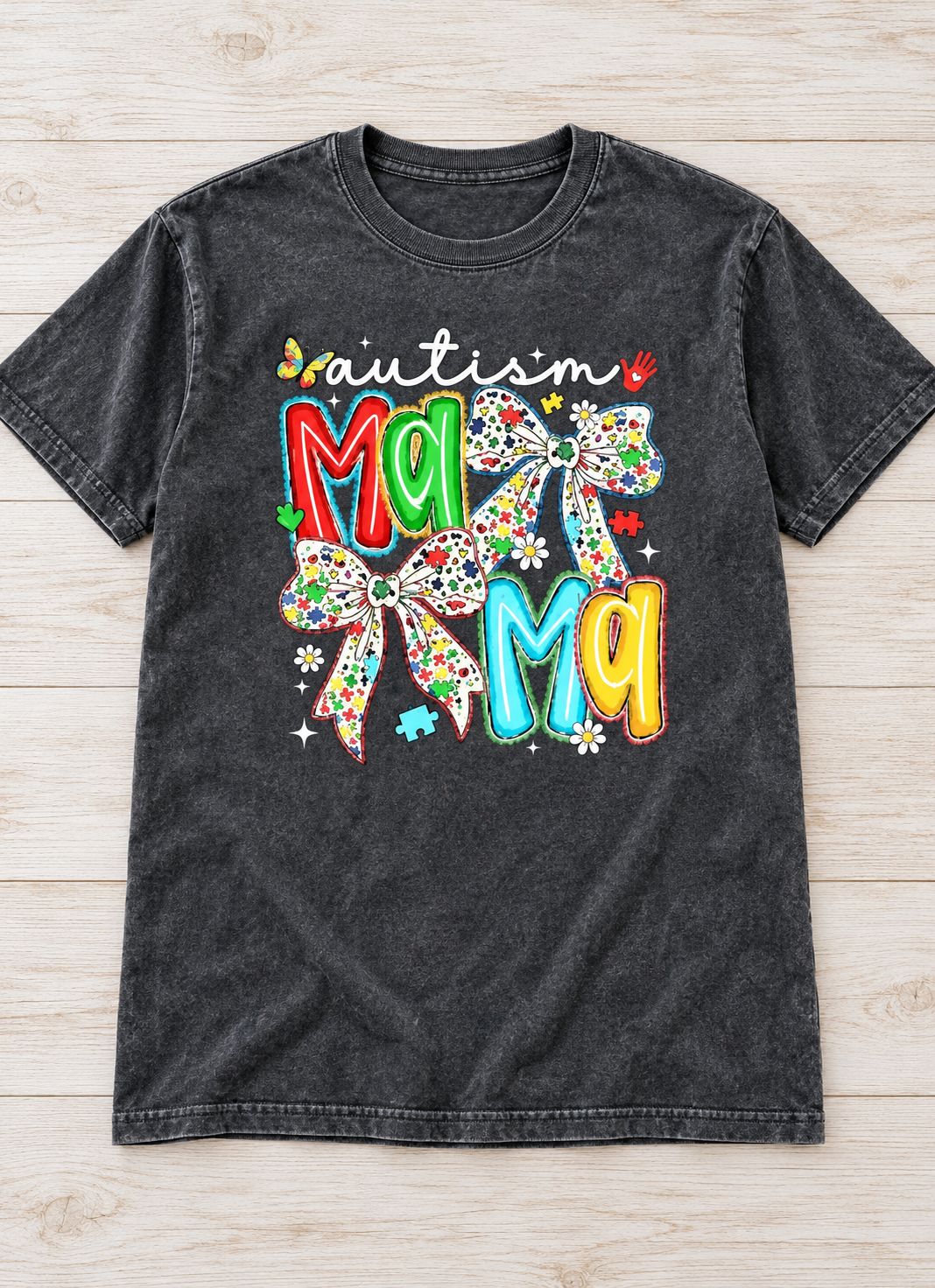 Autism Mama Double Bows Tee on Charcoal