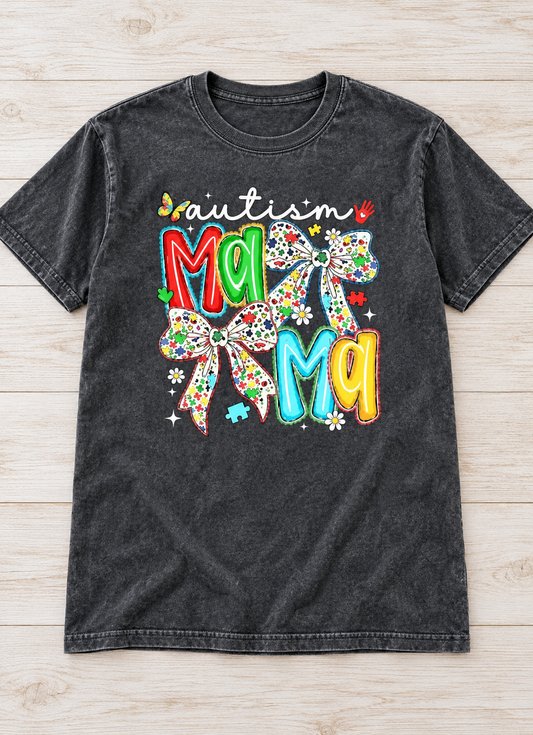 Autism Mama Double Bows Tee on Charcoal