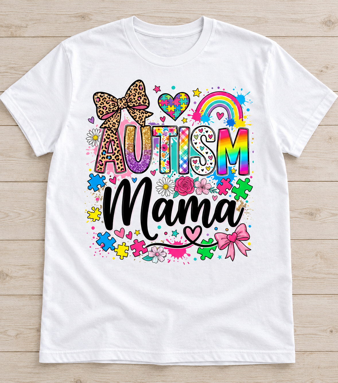 Autism Mama Leopard Rainbow Tee on White