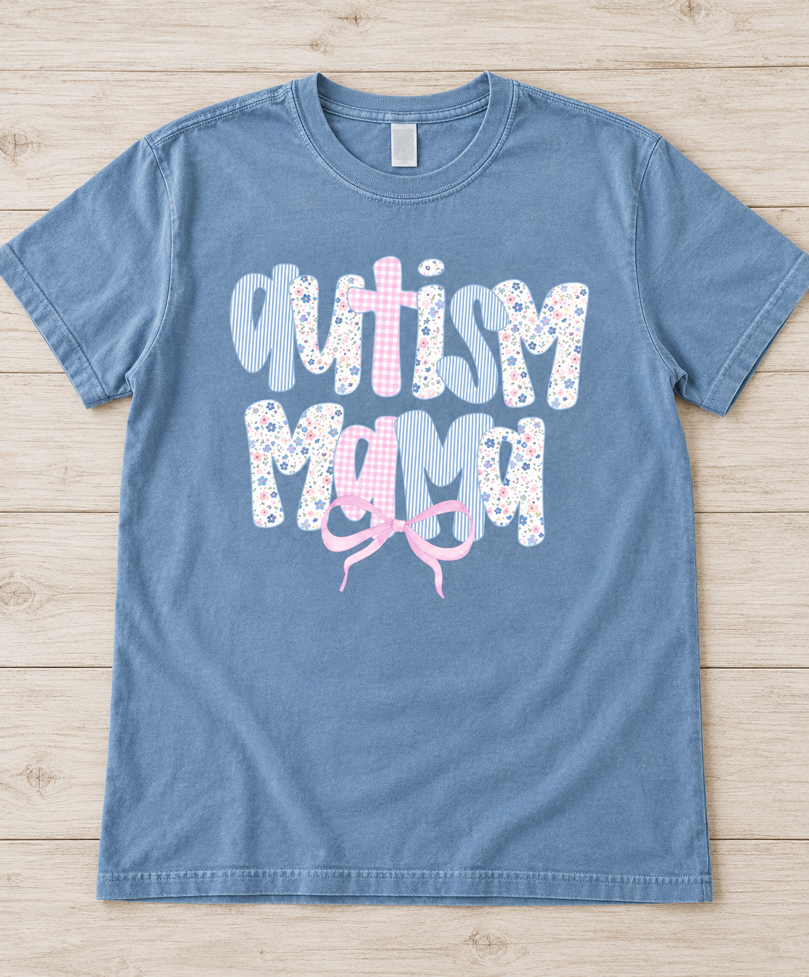 Autism Mama Pastel Floral Bow Tee on Dusty Blue