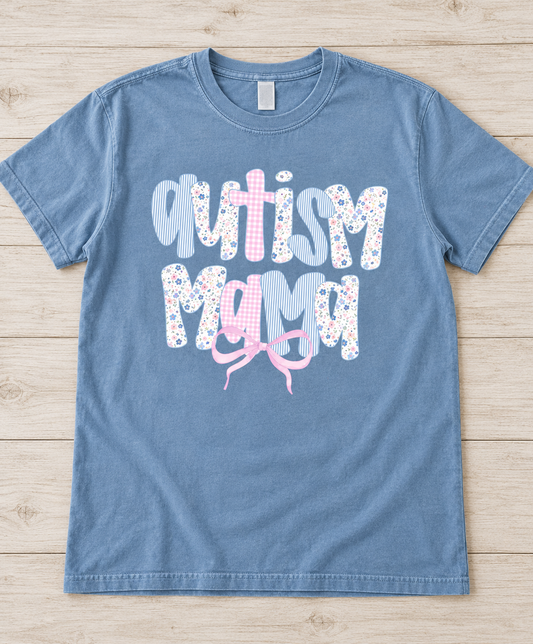 Autism Mama Pastel Floral Bow Tee on Dusty Blue