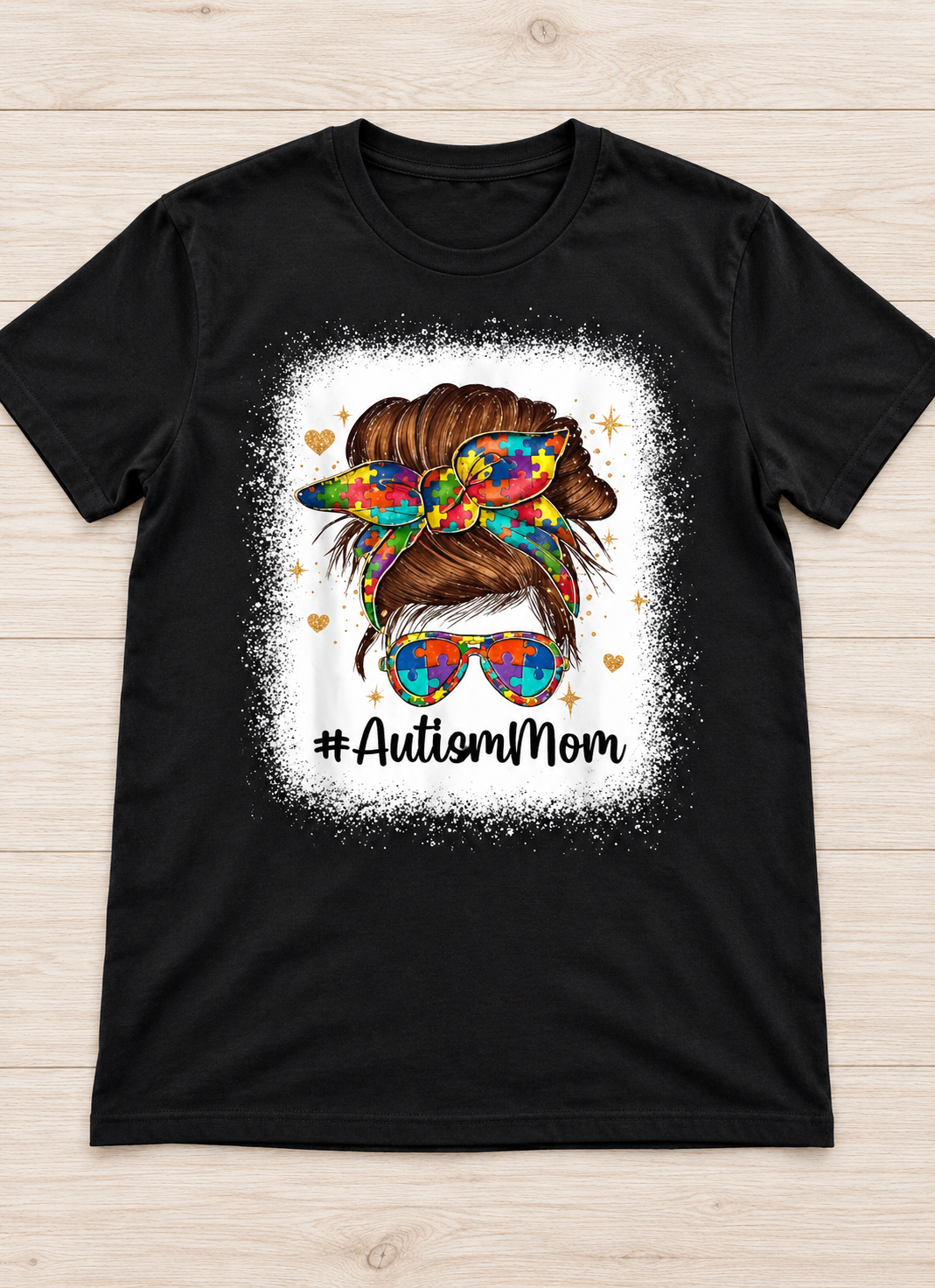 Autism Mom Messy Bun Tee on Black