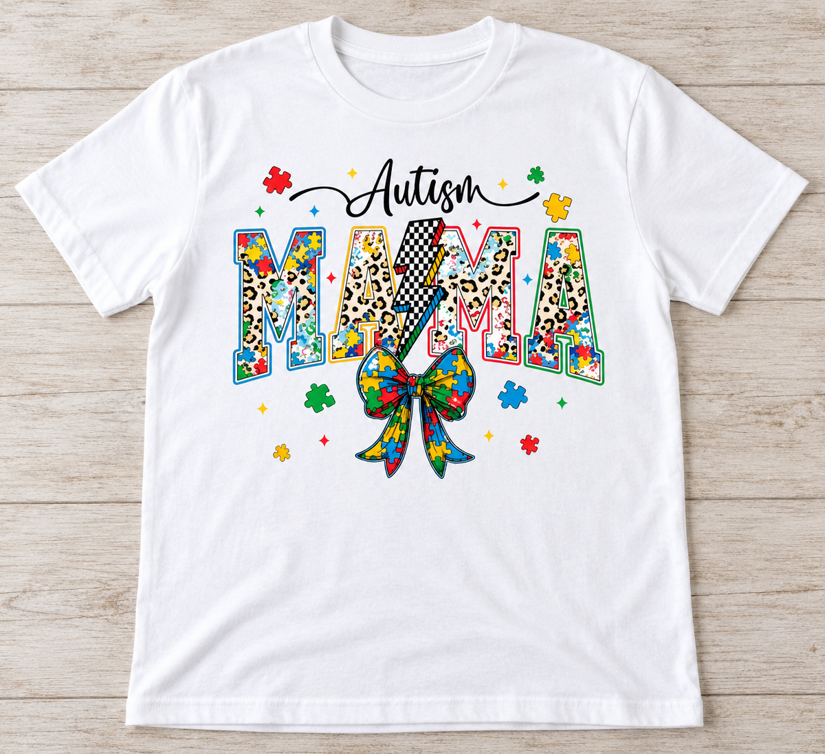 Autism Mama Lightning and Bow Tee on White