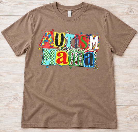 Autism Mama Colorful Patchwork Tee on Taupe