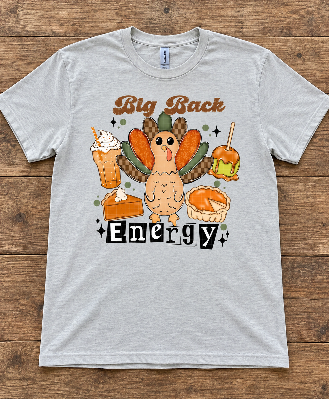 Big Back Energy Thanksgiving tee on ash gray Gildan
