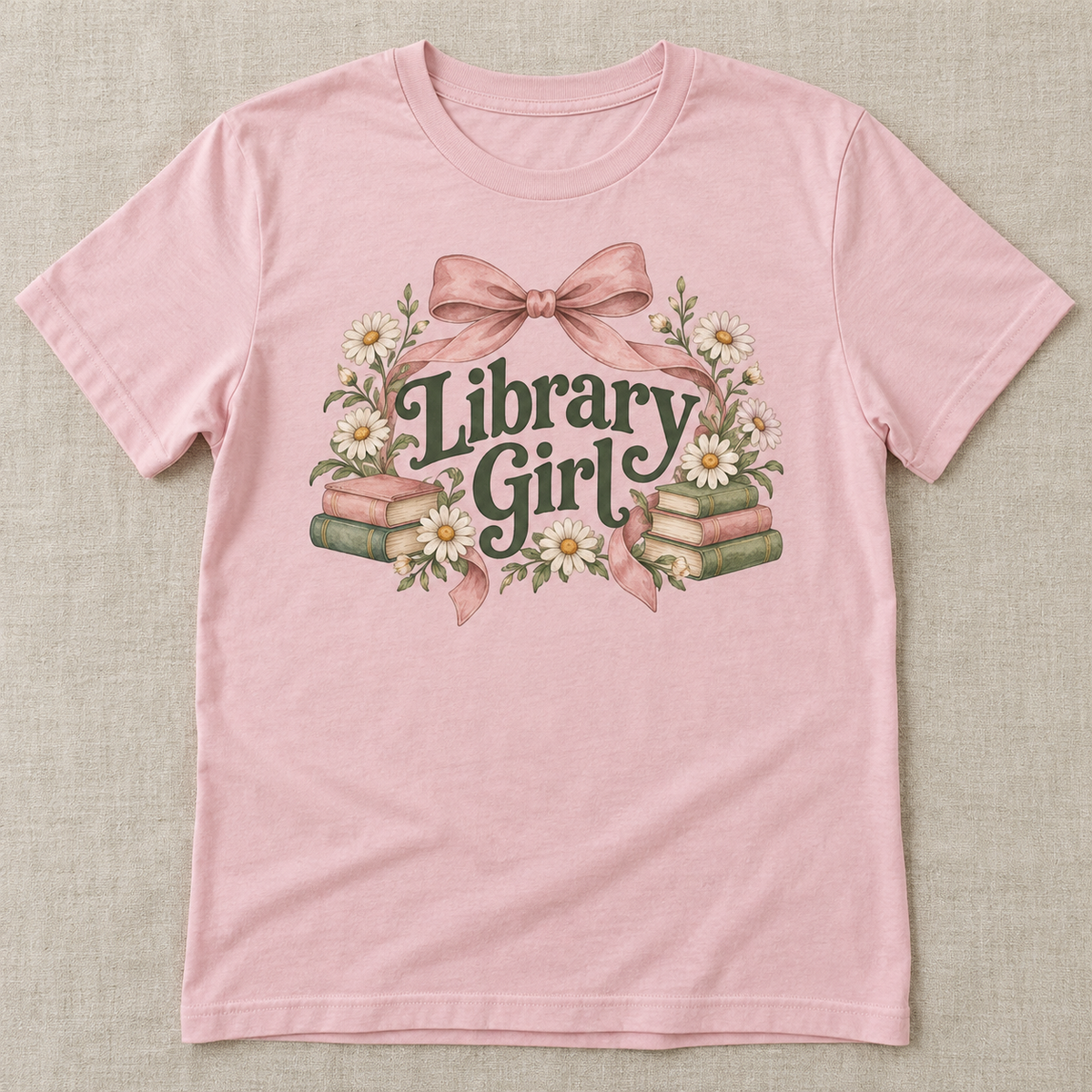 Library Girl tee shown in Light Pink