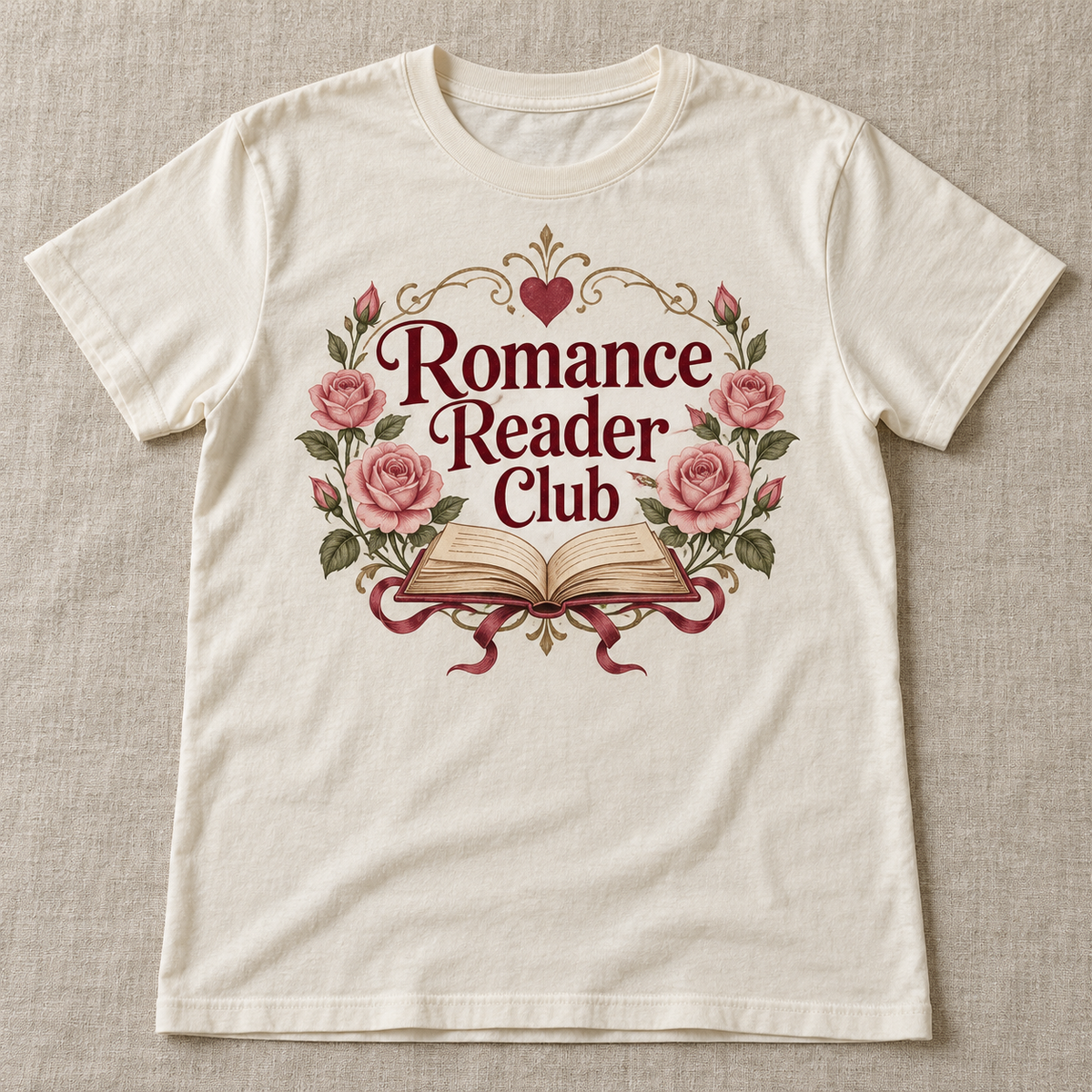 Romance Reader Club tee shown in Natural