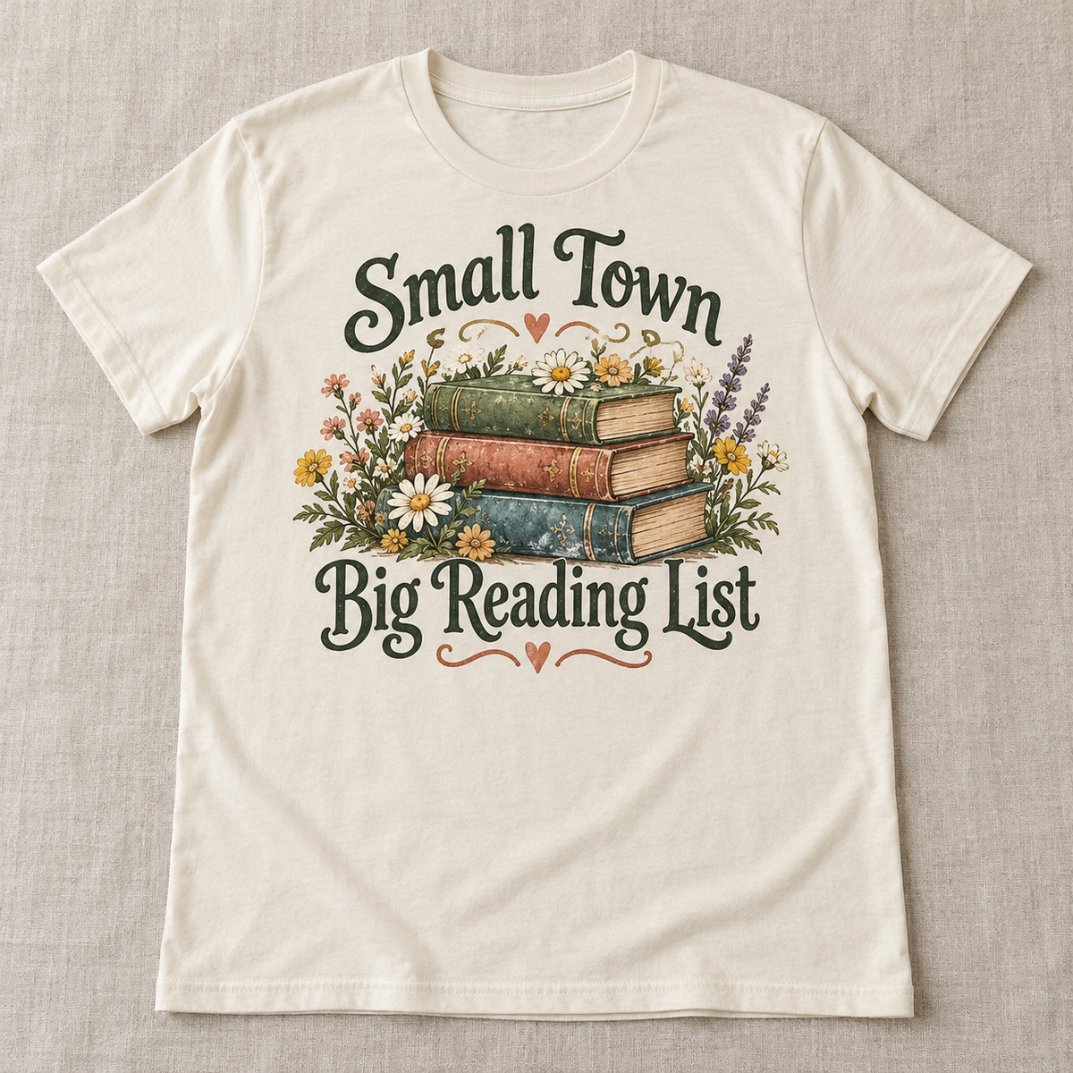 Small Town Big Reading List tee shown in Natural