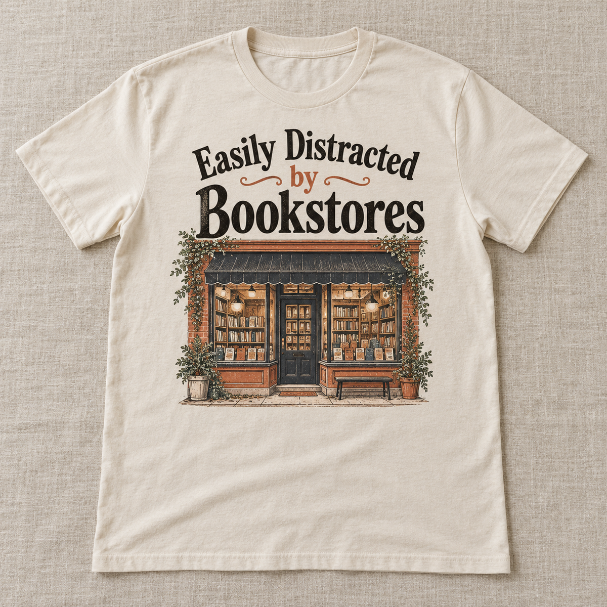 Easily Distracted by Bookstores tee shown in Natural