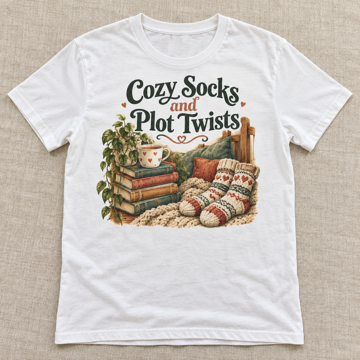 Cozy Socks and Plot Twists tee shown in White