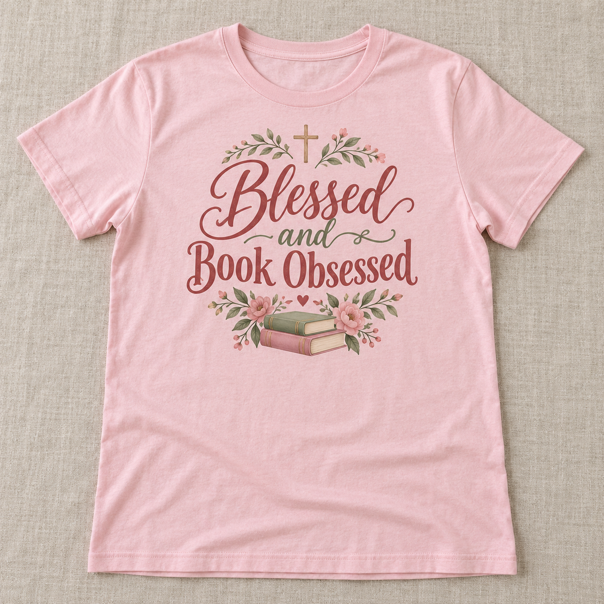 Blessed and Book Obsessed tee shown in Light Pink
