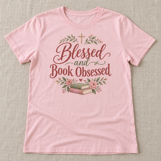 Blessed and Book Obsessed tee shown in Light Pink